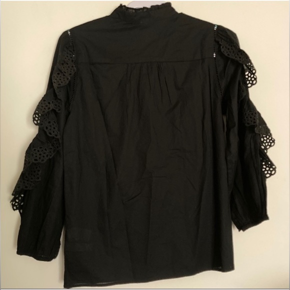 J. Crew Ruffle Sleeve Floral Embroidered Eyelet Black Long Sleeve Cotton Blouse - Picture 12 of 17
